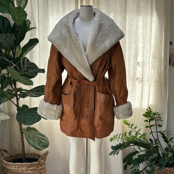 Penny Lane Shearling Trim Leather Coat Boho 70s Revival Oversized L | Wilsons - Picture 2 of 16